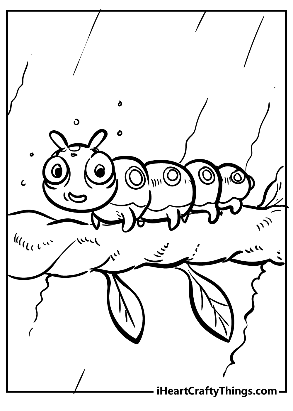 Insect coloring printable featuring an adorable caterpillar with patterned body sitting on a tree