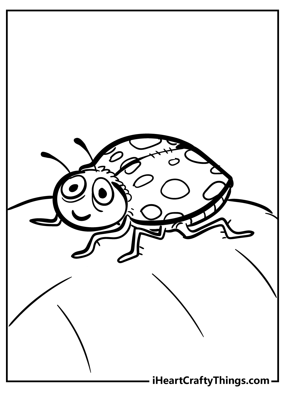 Insect-themed printable coloring image for children featuring smiling ladybug sitting on a leaf