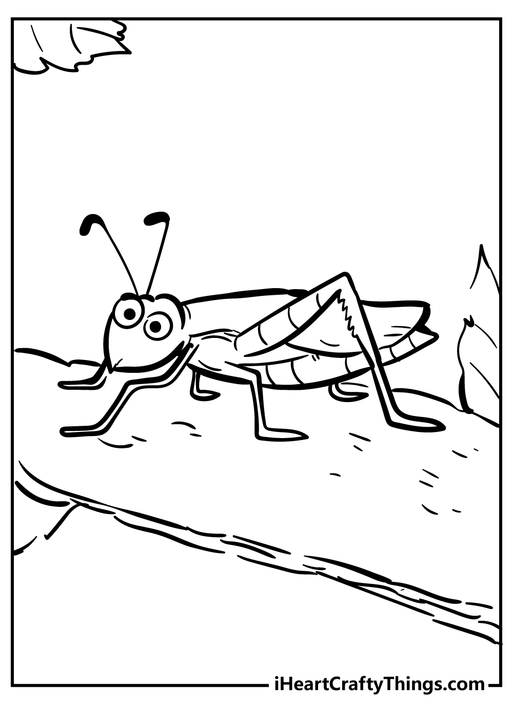 Detailed insect printable pdf for kids featuring a grasshopper sitting on a tree branch