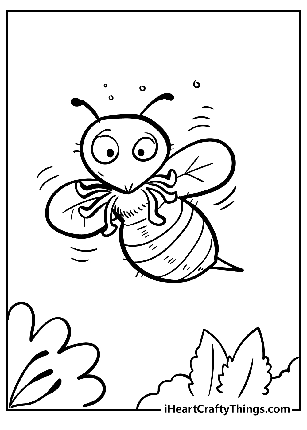 Insect-themed printable coloring picture featuring little bee flying over some plants