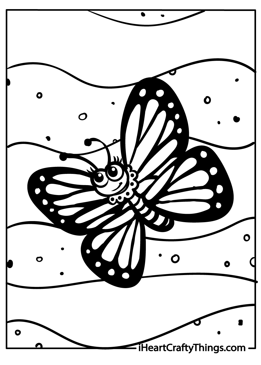 Insect-themed image of a butterfly with a happy face and large wings flying away happily