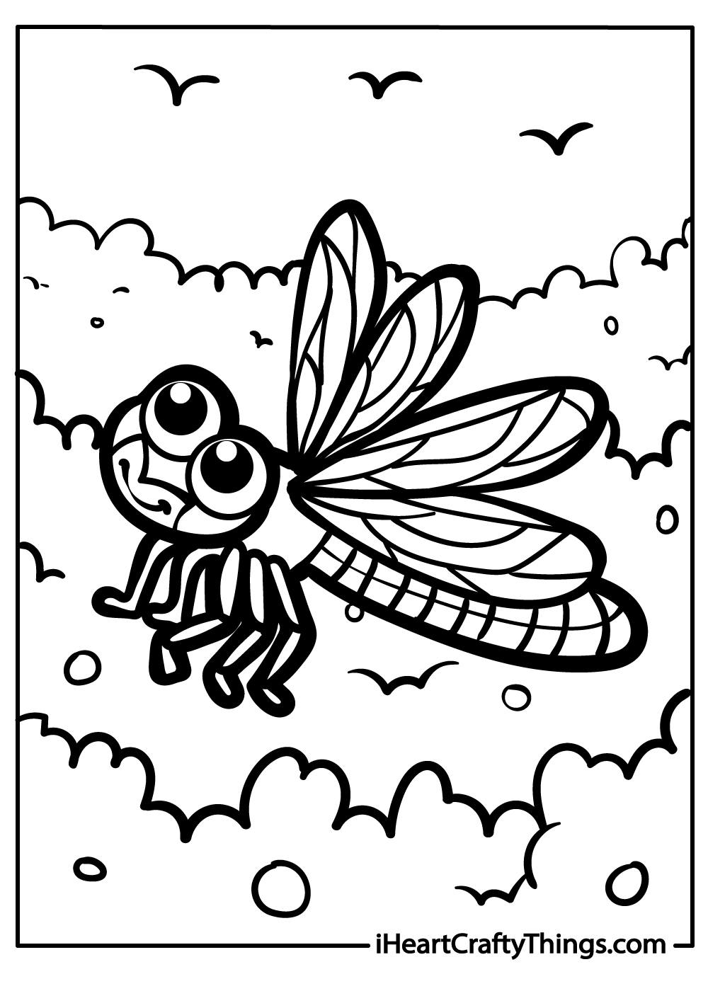 Insect-themed coloring page for children featuring a dragonfly flying over some bushes