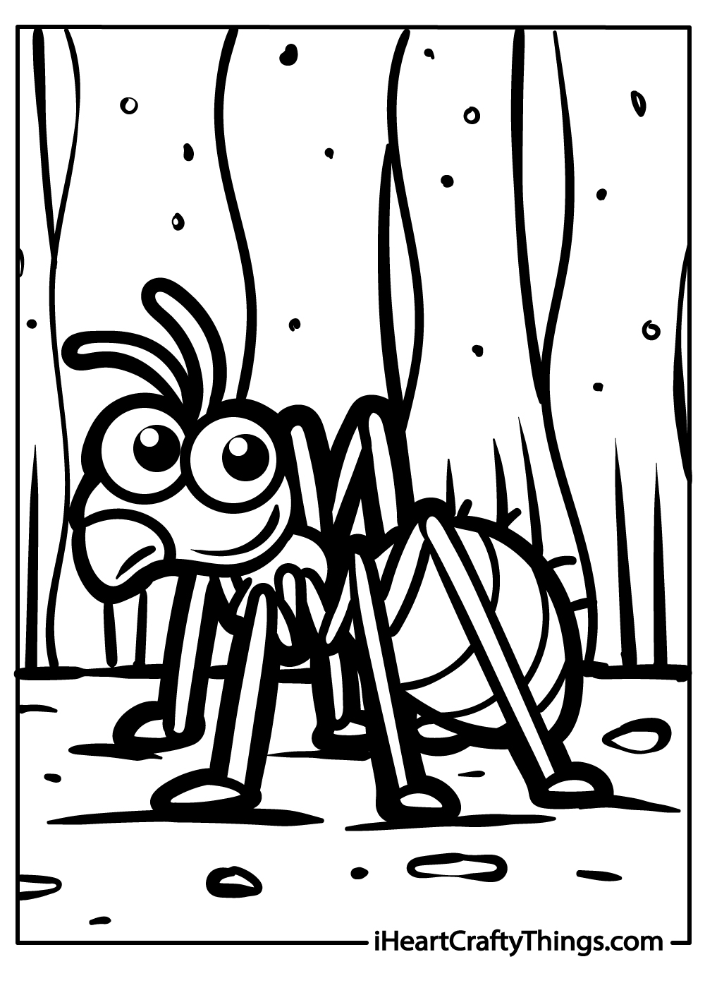 Detailed insect-themed coloring page featuring cartoony ant with a striped body, bulging eyes and two antennae