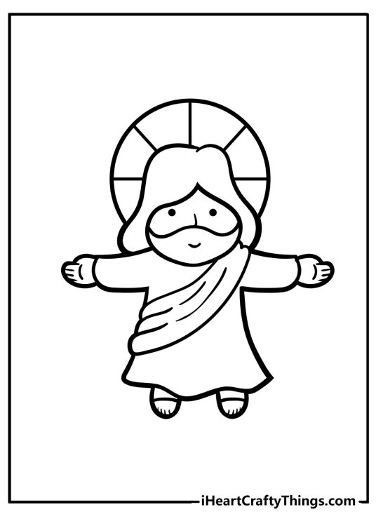 Printable coloring page for pre-schoolers featuring Jesus Christ drawn in simple cartoon style