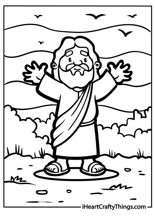 Printable page depicting mature Jesus on some spotlight with greenery clouds and birds in the background