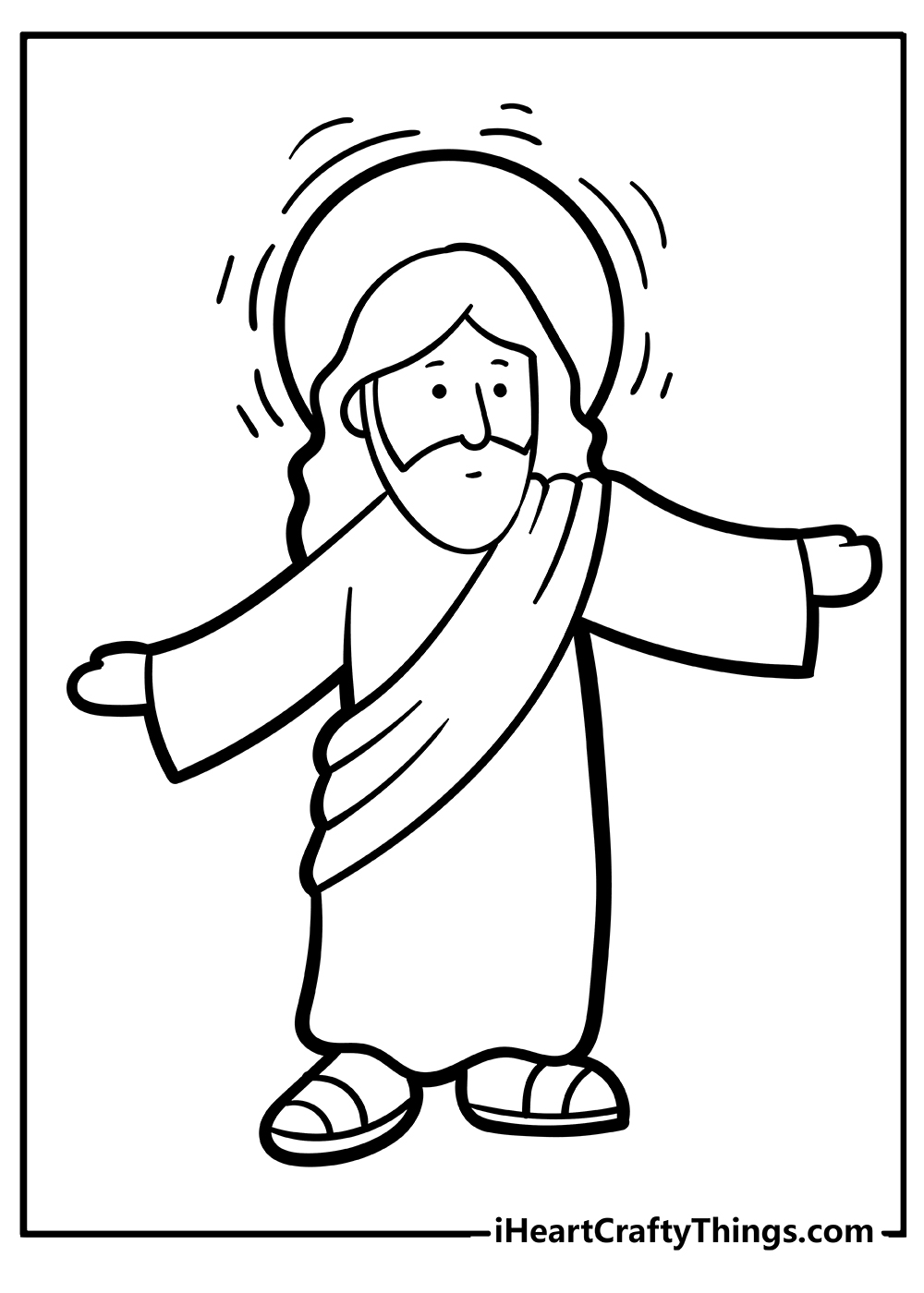 Free coloring sheet capturing a friendly Jesus with a halo sharing his lesson with arms spread widely