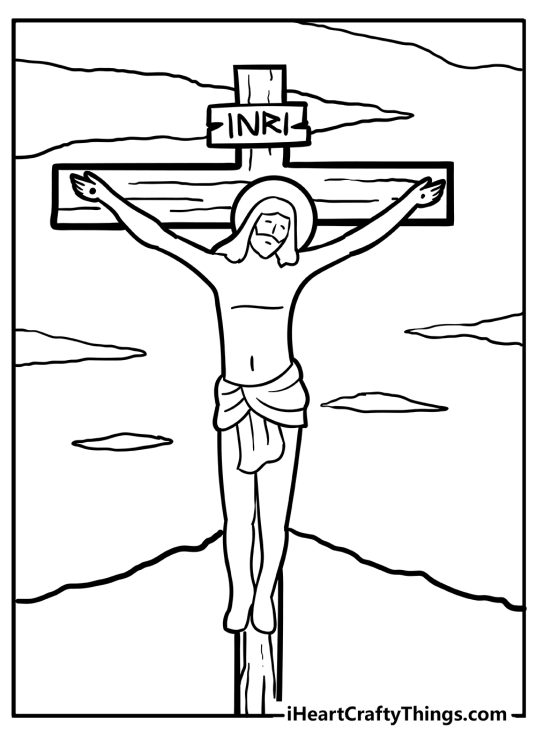 Printable image presenting Jesus crucified on the wood cross with clouds in the background