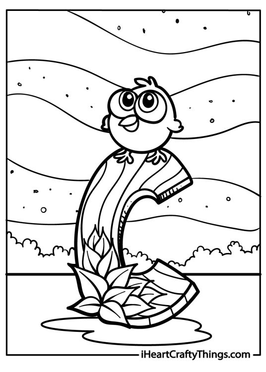 Printable coloring page of a wooden letter C with a little bird on top and greenery in the background