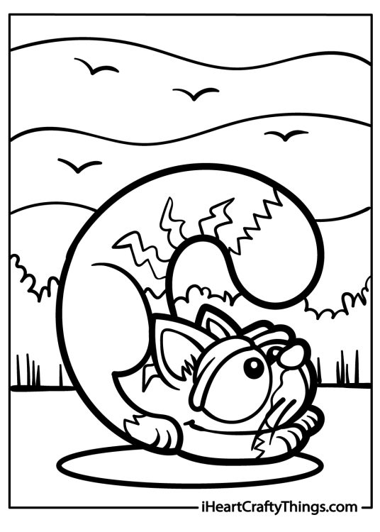 Free printable of a cat with a tail twisted into the shape of a letter C with trees, sky and birds in the background