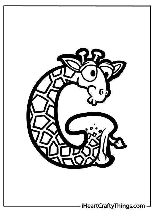 Detailed coloring page showing a giraffe that has curled up its body into the shape of the letter G