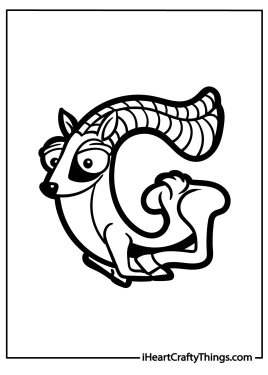 Letter G coloring picture featuring cute gazelle curled up and forming the letter G
