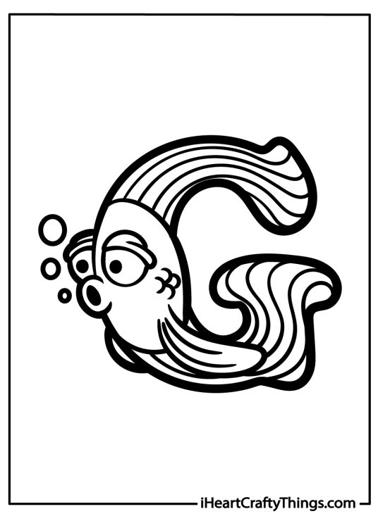 Letter G coloring page showing a gold fish curled up into a G shape blowing some bubbles