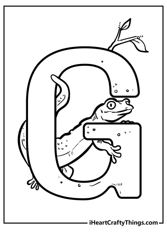 Coloring sheet for children featuring little gecko trying to hide behind the letter G