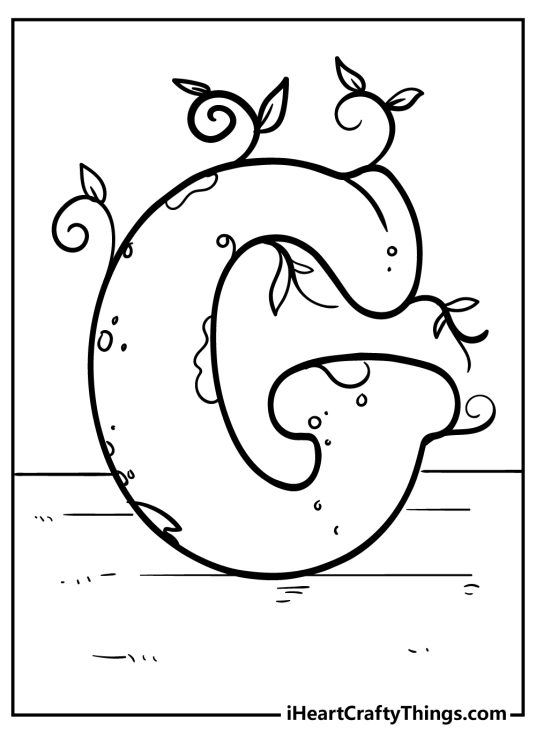 Free coloring sheet featuring uppercase letter G with little sprouts growing from it