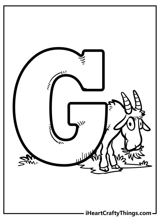 Coloring image for kids featuring cute goat chewing on some grass behind capital letter G
