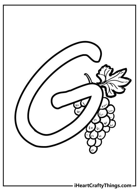 Coloring printable for kids showing bunch of grapes featured behind capital letter G