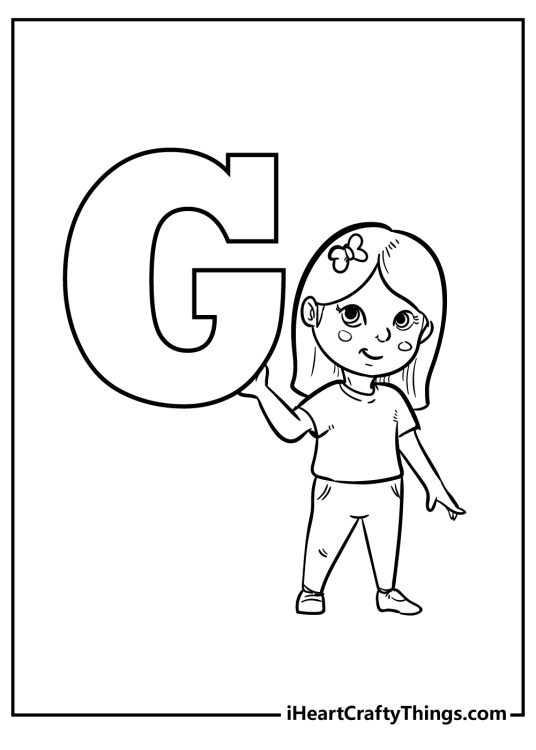 Coloring sheet featuring little girl wearing a t-shirt and trousers holding capital letter G in her hand