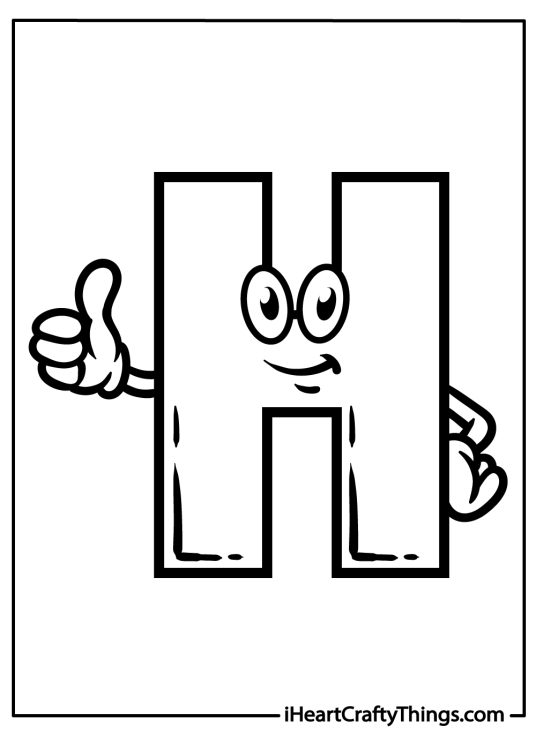 Printable picture for children featuring letter H with smiling face showing thumb up