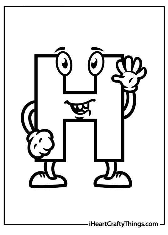 Coloring picture of a cartoony letter H with eyes and mouth waving hello and smiling