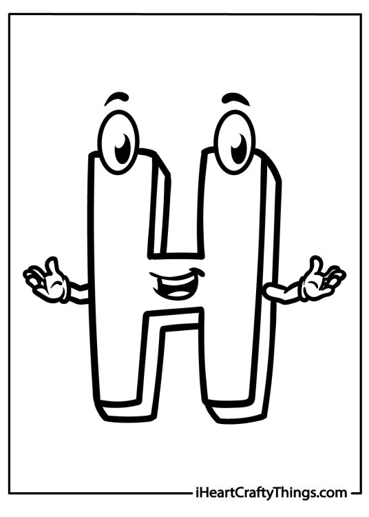 Picture presenting uppercase letter H with surprised facial expression and arms spread wide