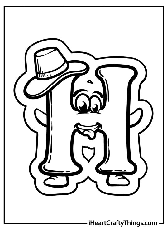 Free printable picture presenting cute letter H with a top hat arms legs and a face