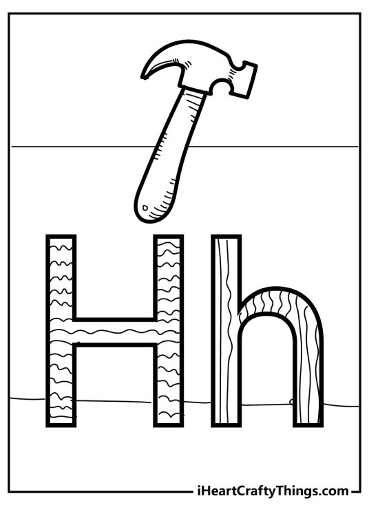 Coloring picture featuring a hammer with the letter H written in uppercase and lowercase underneath it
