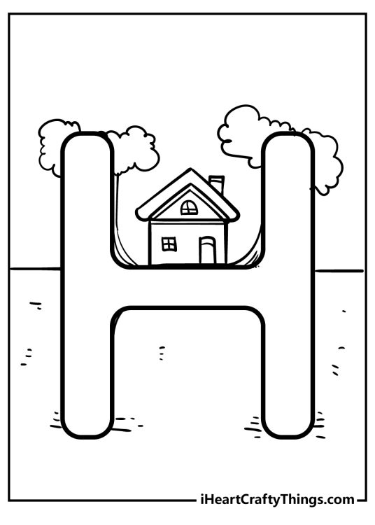 Image of a house and two trees standing far in the background framed by two vertical lines of letter H