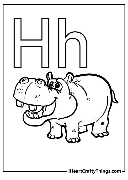 Coloring poster of a letter H written in uppercase and lowercase with a friendly-looking hippo underneath