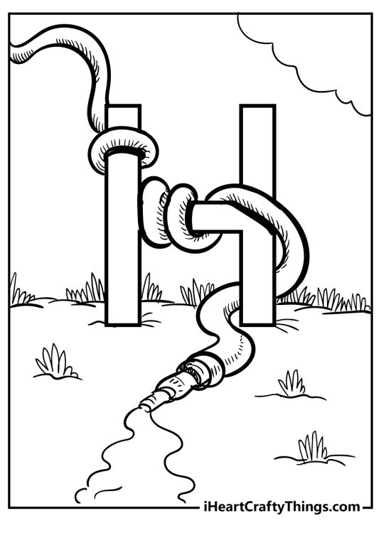 Coloring page depicting a garden setting where a hose is tangled around the capital letter H like a snake