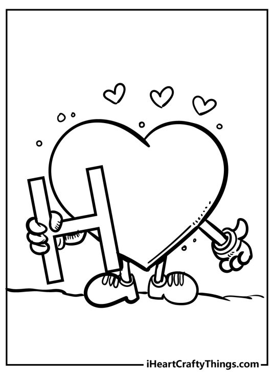 Coloring printable featuring cute heart with arms and legs holding the letter H in one of its hands
