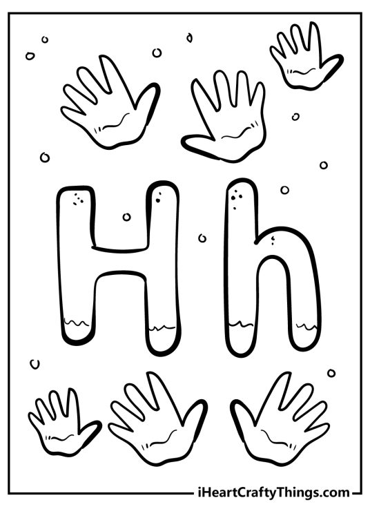 Coloring sheet featuring uppercase and lowercase letter H surrounded by six various size hands