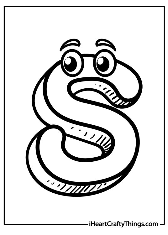 Letter S coloring printable for children featuring snake with a surprised facial expression