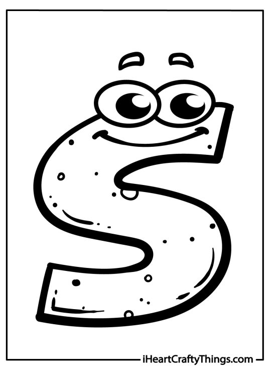 Coloring page for children featuring letter S with a cartoony smiling face and clear background