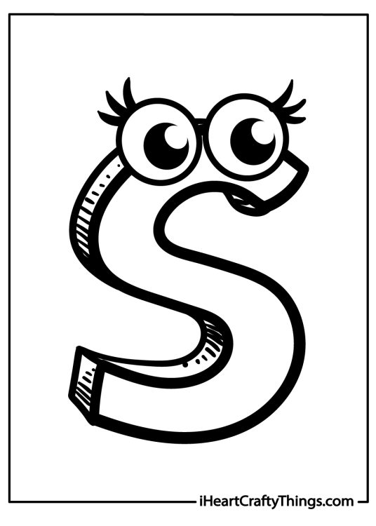 Coloring picture of a letter S looking shocked with big round eyes and an open mouth