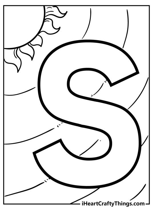 Picture to print and color featuring big letter S in the centre and a sun shining above it