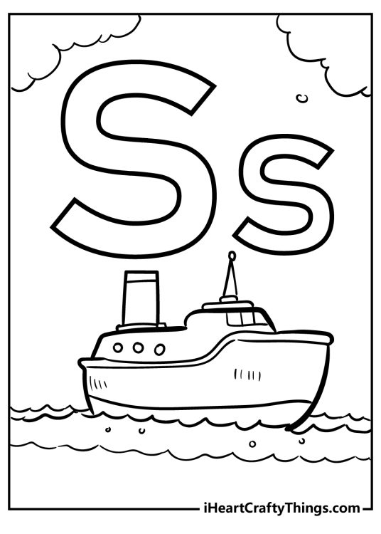 Coloring page featuring upper and lower case letter S and a sea scene with a ship