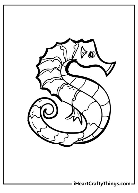 Printable coloring picture for children featuring cute seahorse forming letter S