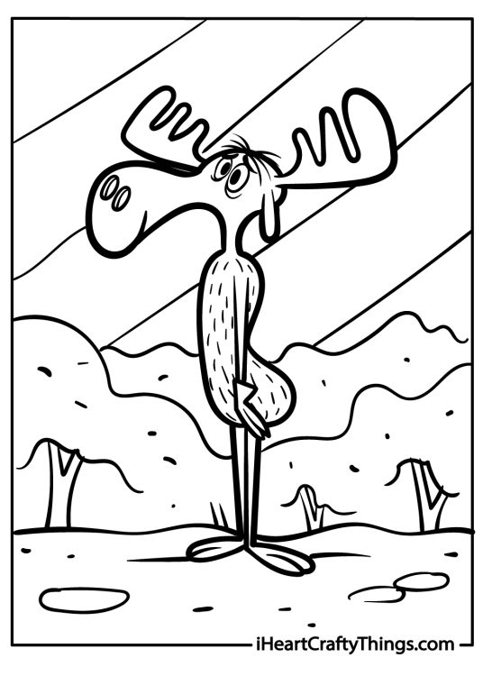 Coloring page for children showing fun cartoony moose standing on his hind legs on a rocky hill