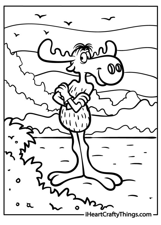 Detailed coloring page featuring cartoony moose standing on two legs with arms crossed on the chest