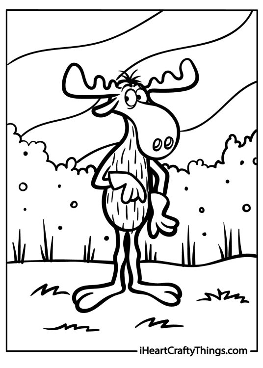 Picture of a cartoony moose with a big nose standing on two legs surrounded by nature