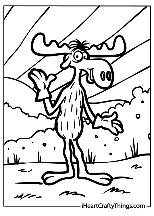 Coloring picture for children showing cartoony moose standing on two legs in a field
