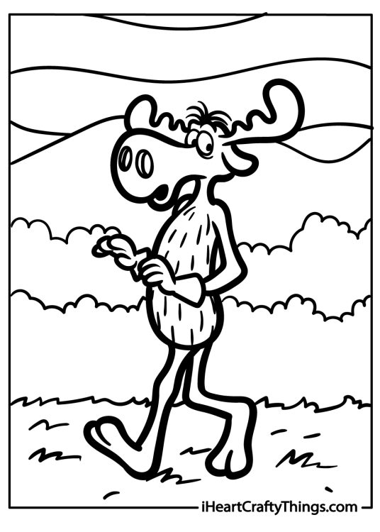 Coloring page for children of a cartoony moose walking on two legs surrounded by nature