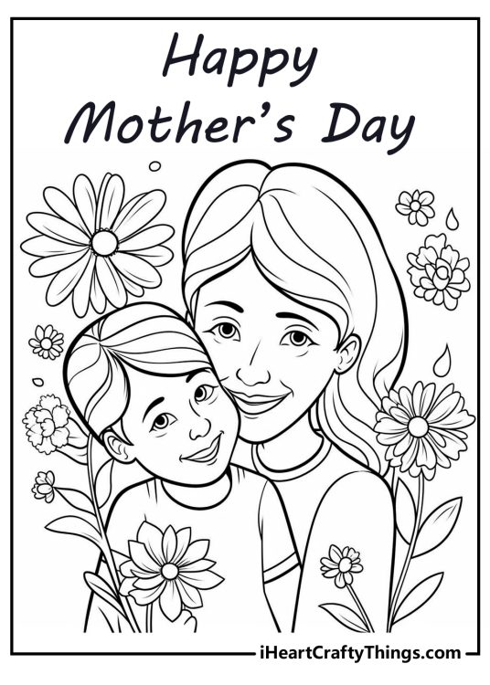 Image of a happy mother hugging her child with flowers and a Happy Mothers Day message all around them