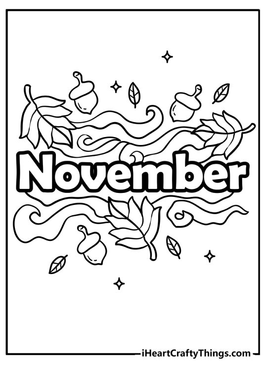 Coloring picture featuring word November surrounded with wavy lines sparkles leaves and acorns