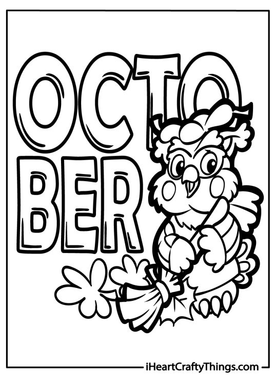 Coloring page for kids presenting word October and adorable cartoony owl with a broom next to it