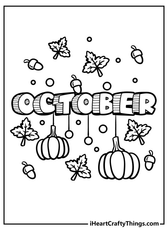 Coloring page presenting word October surrounded by some maple leaves acorns and pumpkins