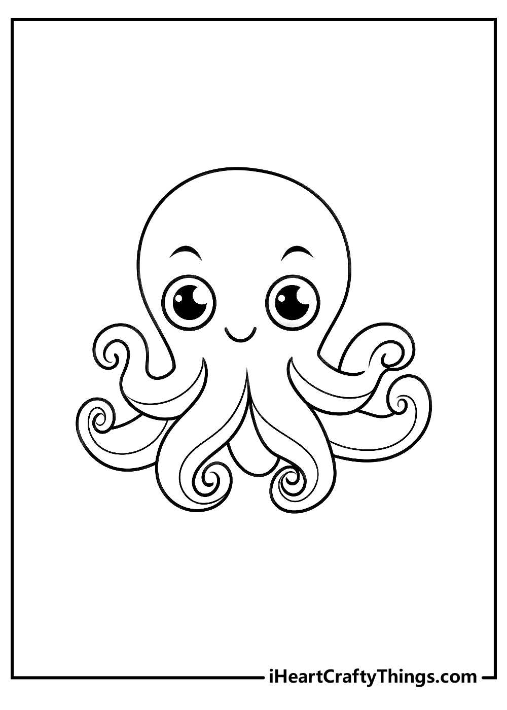 Easy octopus coloring page for kids featuring smiling baby octopus with blank background