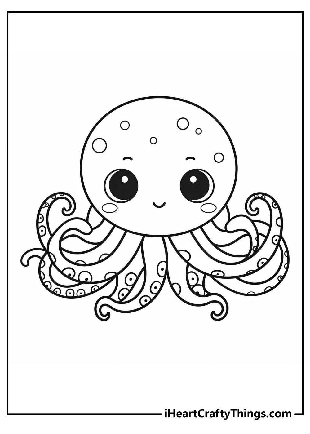 Coloring sheet featuring an octopus with a round head, big black eyes and curled tentacles