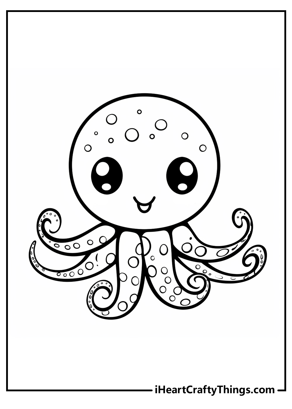 Black-and-white drawing featuring little happy bubbly-patterned octopus with blank background