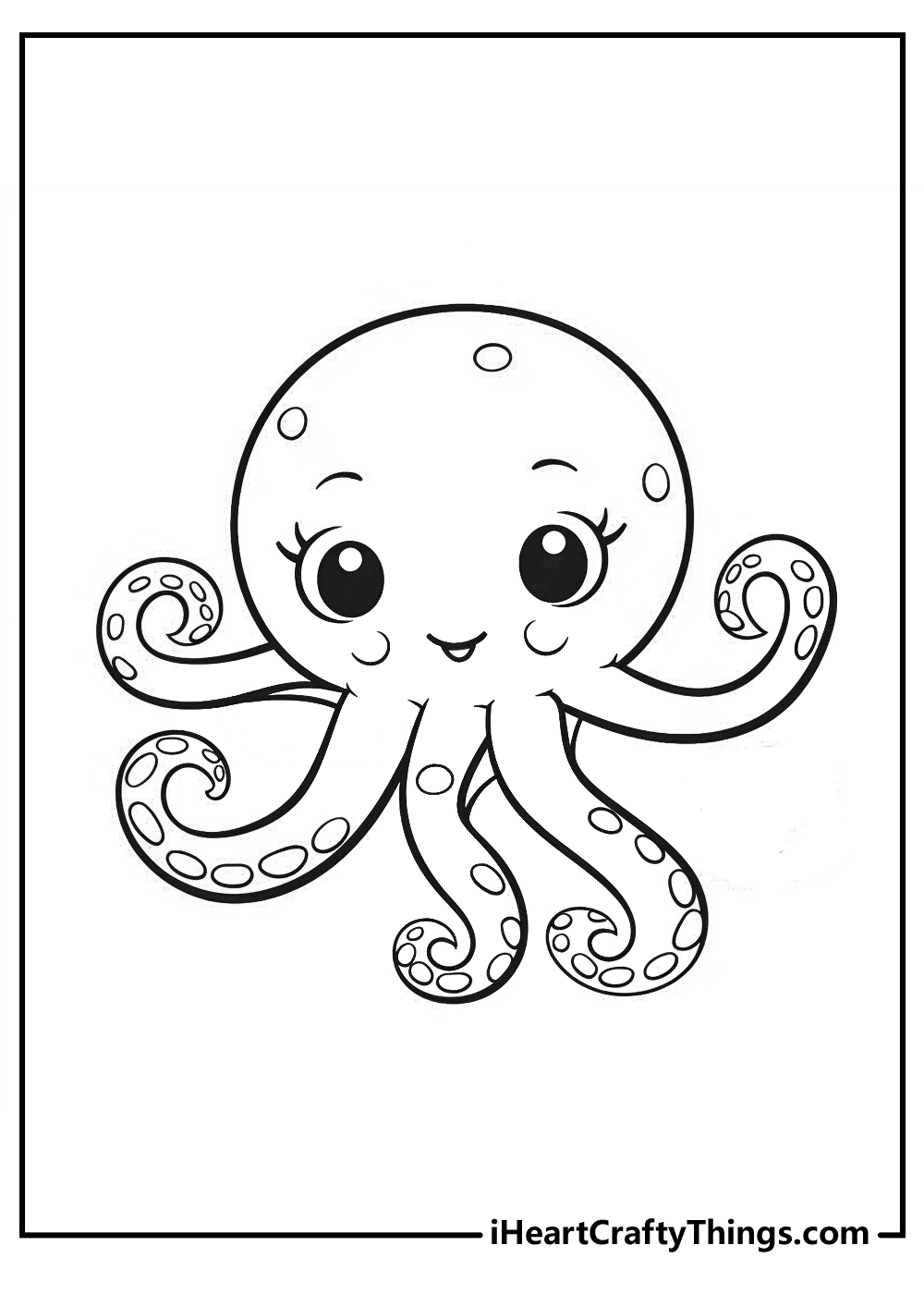 Free octopus printable for kids featuring little cheerful octopus with black background